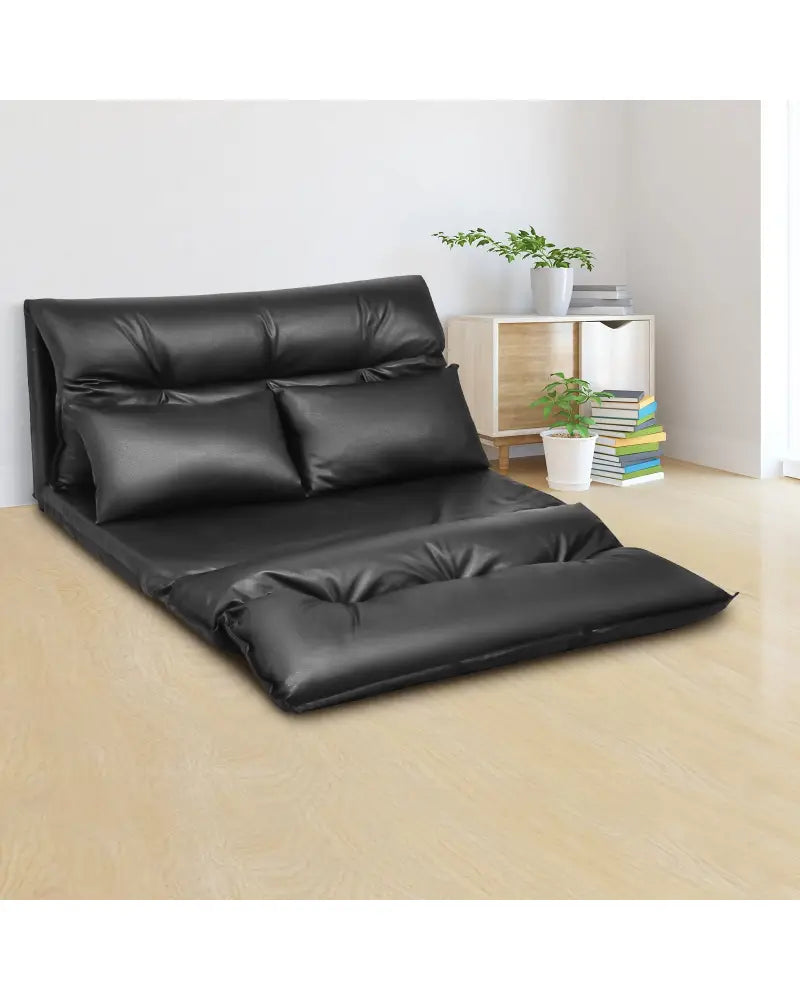 Foldable PU Leather Leisure Floor Sofa Bed with 2 Pillows-Black - Black - Floor Chairs