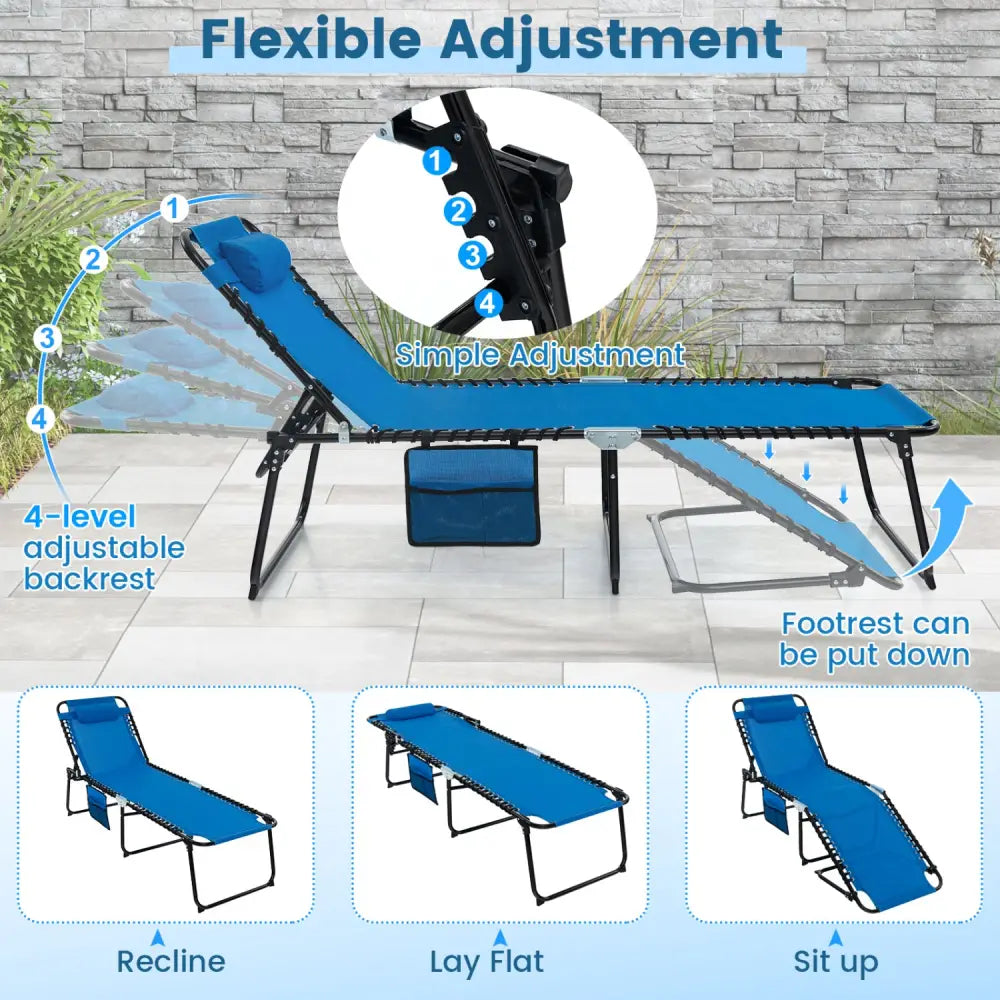 Foldable Recline Lounge Chair with Adjustable Backrest and Footrest-Blue - Blue - Outdoor Chaise Lounges