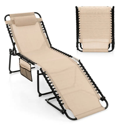 Foldable Recline Lounge Chair with Adjustable Backrest and Footrest-Beige - Beige - Outdoor Chaise Lounges