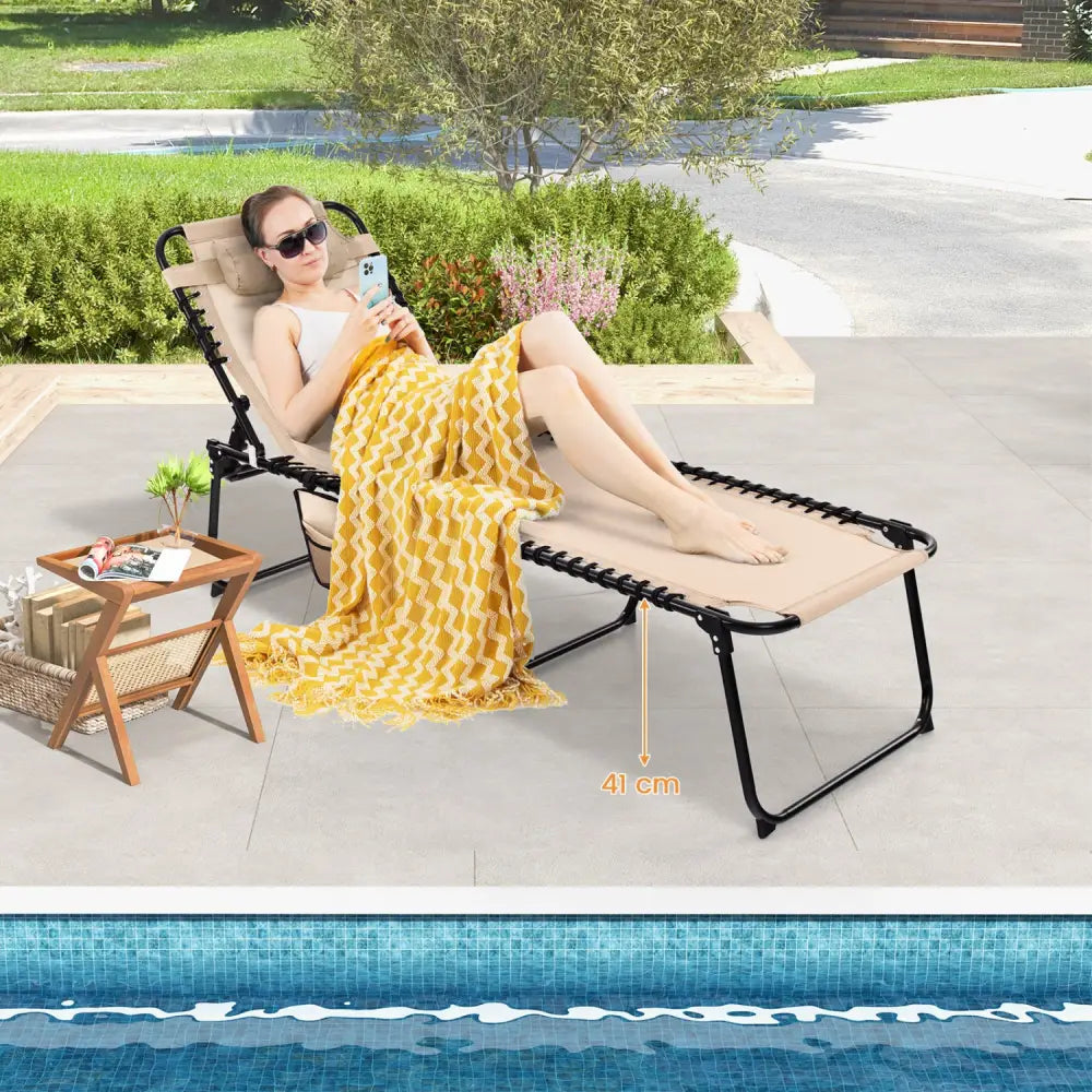 Foldable Recline Lounge Chair with Adjustable Backrest and Footrest-Beige - Beige - Outdoor Chaise Lounges