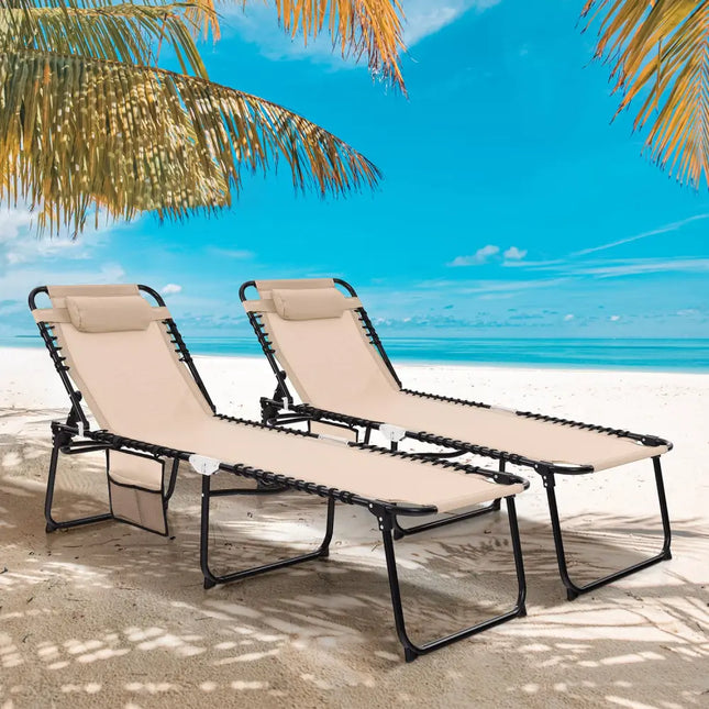 Foldable Recline Lounge Chair with Adjustable Backrest and Footrest-Beige - Beige - Outdoor Chaise Lounges