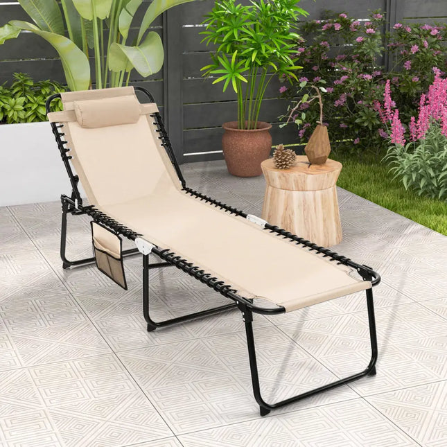 Foldable Recline Lounge Chair with Adjustable Backrest and Footrest-Beige - Beige - Outdoor Chaise Lounges
