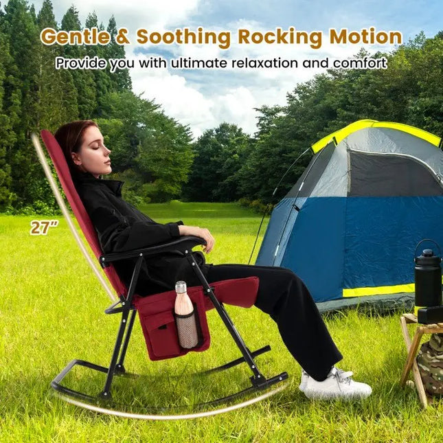 Foldable Rocking Padded Portable Camping Chair with Backrest and Armrest - Red - Oasis Home Essentials