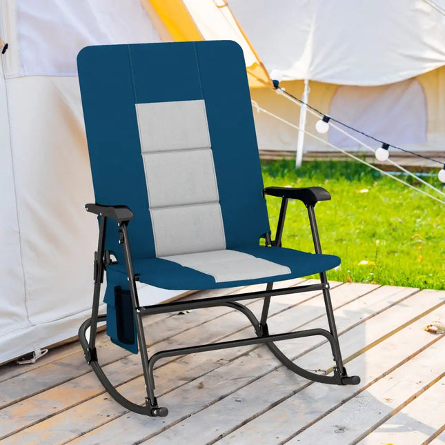 Foldable Rocking Padded Portable Camping Chair with Backrest and Armrest-Blue - Blue - Patio Rocking Chairs & Gliders