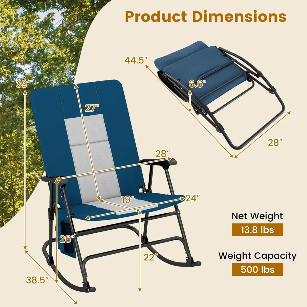 Foldable Rocking Padded Portable Camping Chair with Backrest and Armrest-Blue - Blue - Patio Rocking Chairs & Gliders