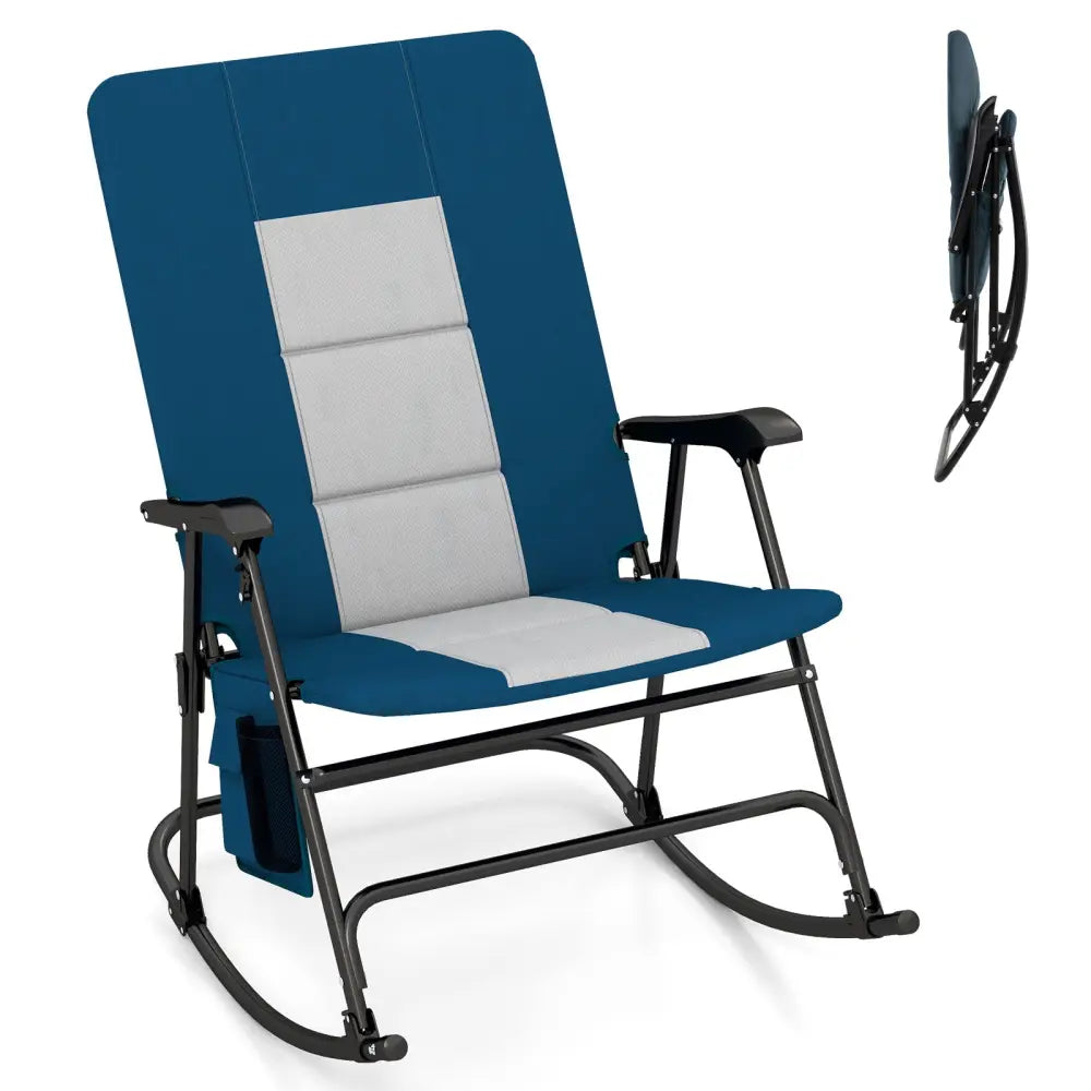 Foldable Rocking Padded Portable Camping Chair with Backrest and Armrest-Blue - Blue - Patio Rocking Chairs & Gliders