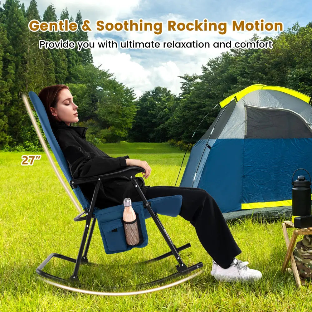 Foldable Rocking Padded Portable Camping Chair with Backrest and Armrest-Blue - Blue - Patio Rocking Chairs & Gliders