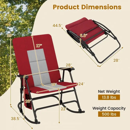 Foldable Rocking Padded Portable Camping Chair with Backrest and Armrest - Red - Oasis Home Essentials