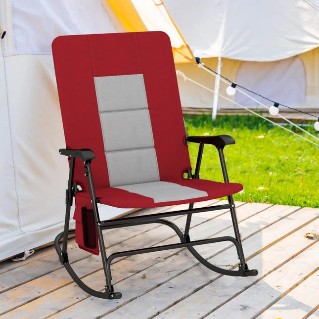 Foldable Rocking Padded Portable Camping Chair with Backrest and Armrest-Red - Red - Patio Rocking Chairs & Gliders