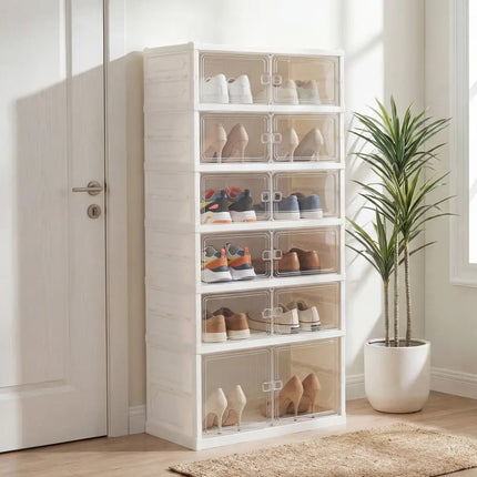 Foldable Shoe Rack Organizer 12-Pair 6-Tier Collapsible Shoe Cabinet-White - White - Shoe Racks & Storage Benches