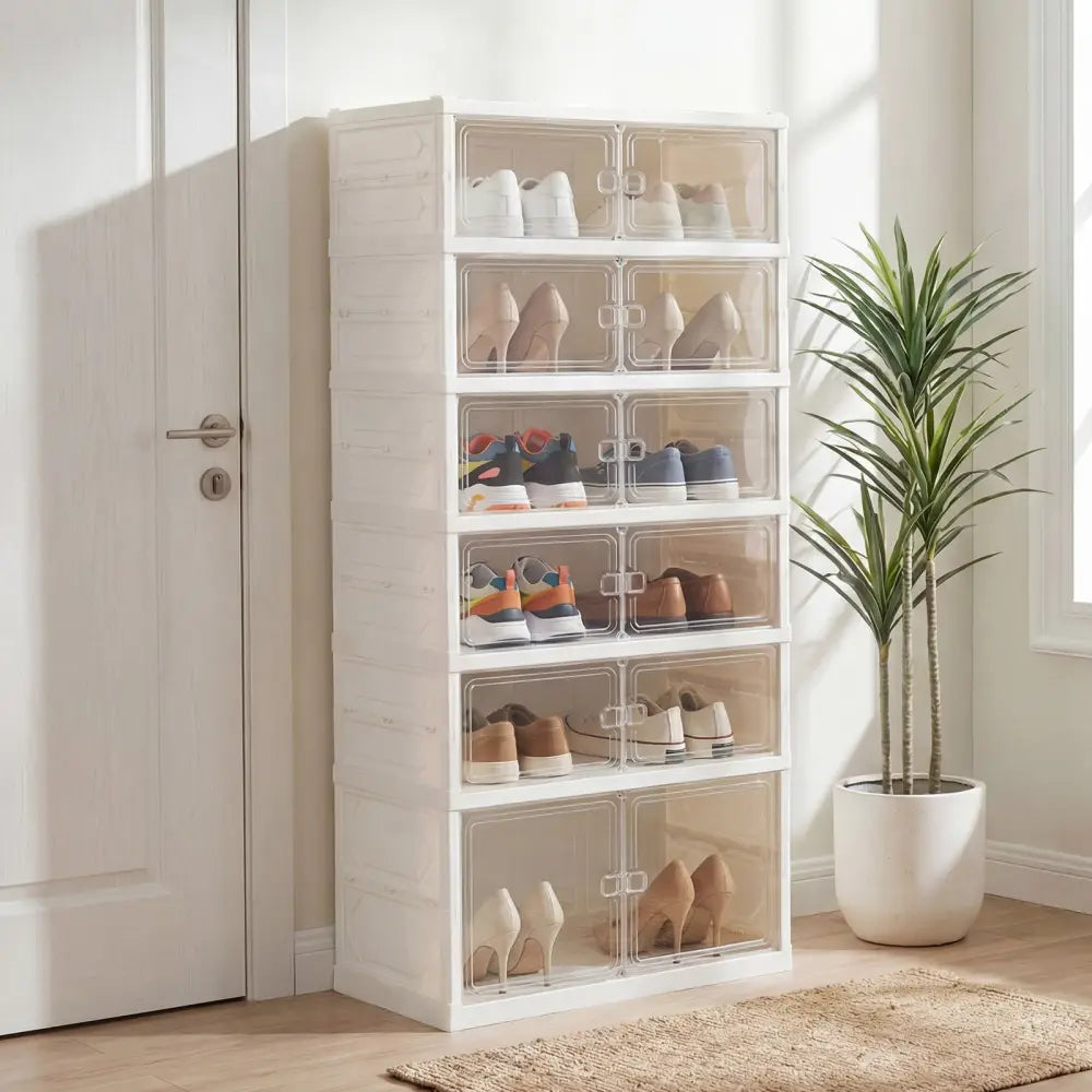 Foldable Shoe Rack Organizer 12-Pair 6-Tier Collapsible Shoe Cabinet-White - White - Shoe Racks & Storage Benches