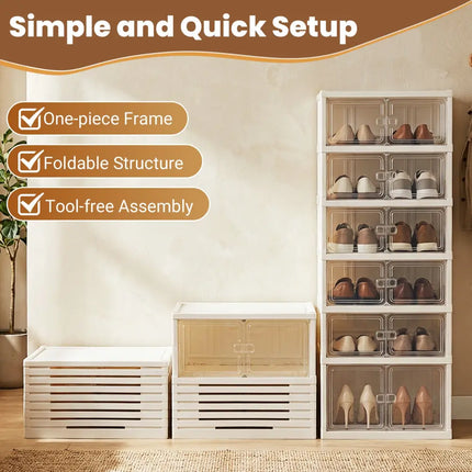 Foldable Shoe Rack Organizer 12-Pair 6-Tier Collapsible Shoe Cabinet-White - White - Shoe Racks & Storage Benches