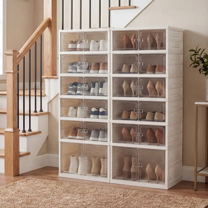 Foldable Shoe Rack Organizer 12-Pair 6-Tier Collapsible Shoe Cabinet-White - White - Shoe Racks & Storage Benches