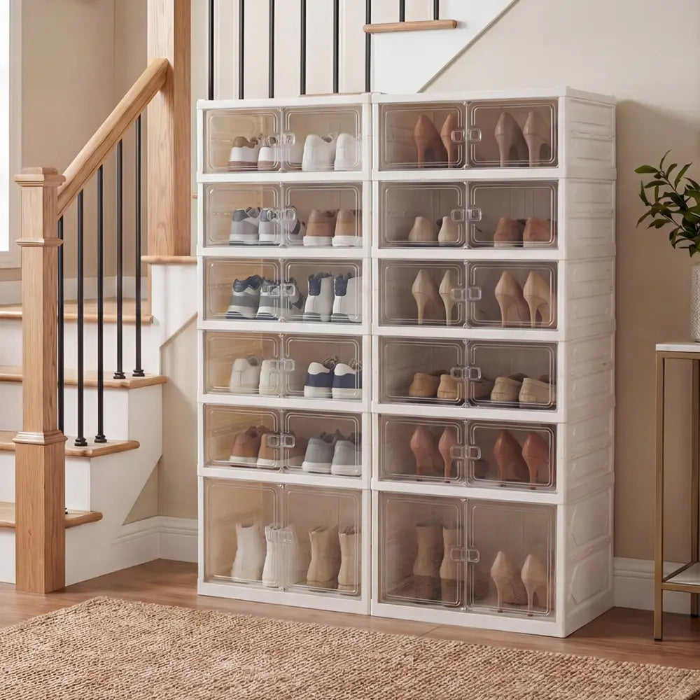 Foldable Shoe Rack Organizer 12-Pair 6-Tier Collapsible Shoe Cabinet-White - White - Shoe Racks & Storage Benches