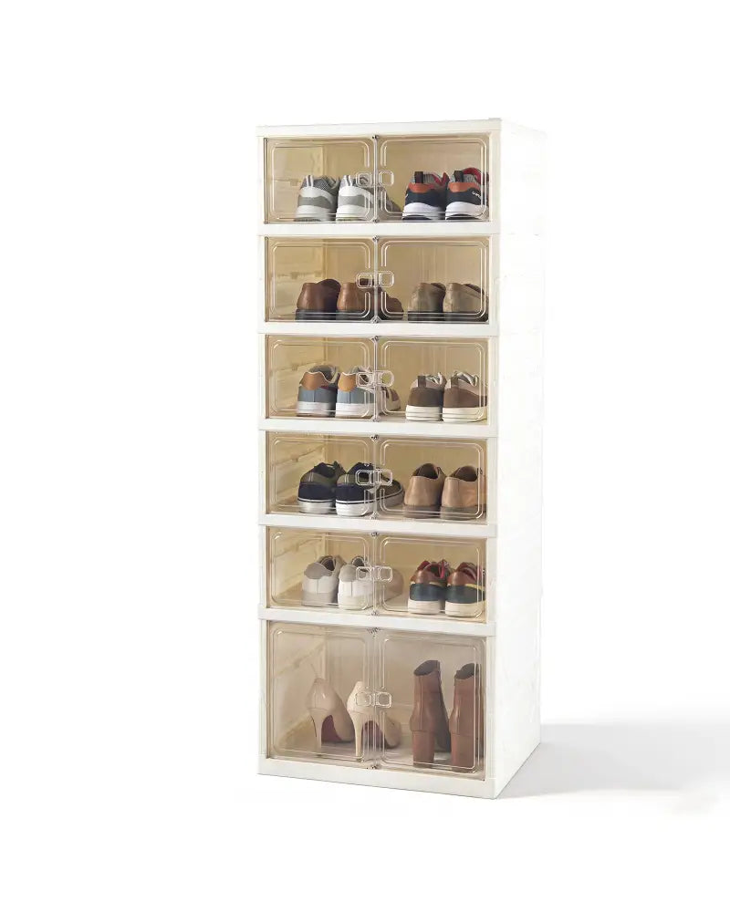 Foldable Shoe Rack Organizer 12-Pair 6-Tier Collapsible Shoe Cabinet-White - White - Shoe Racks & Storage Benches