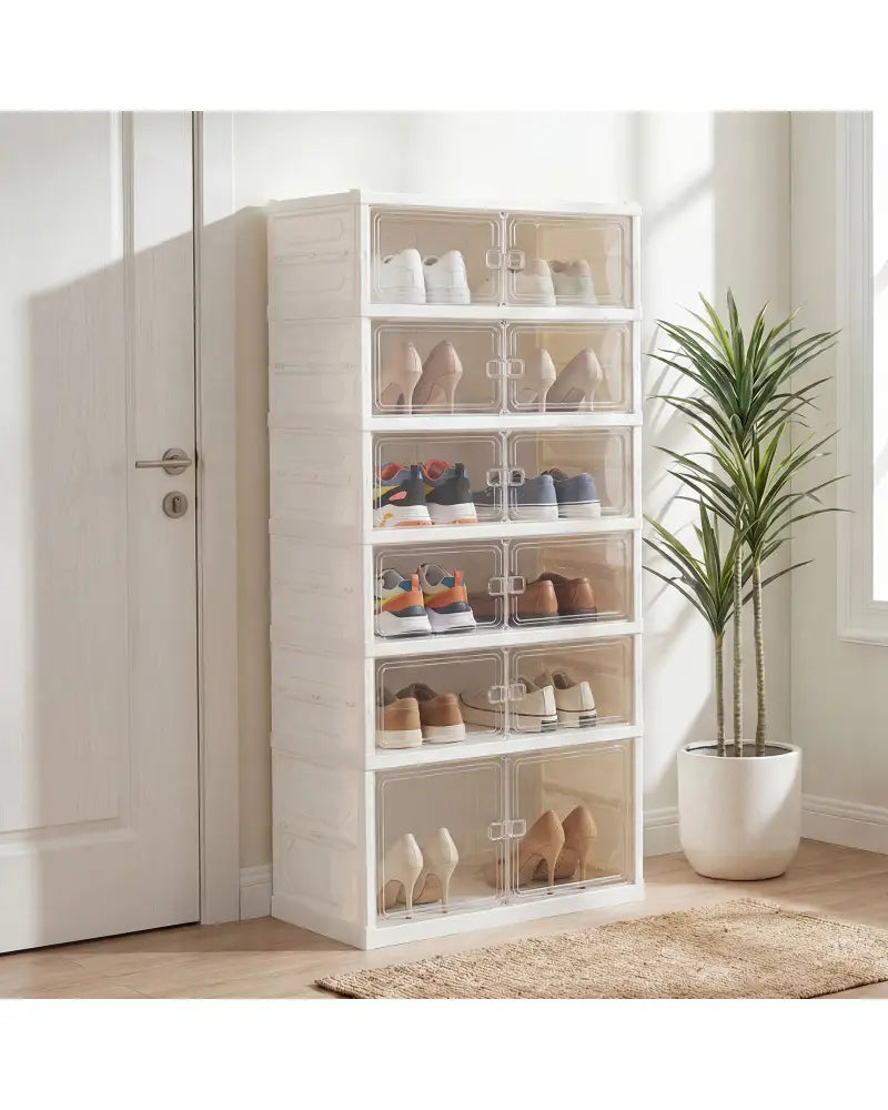 Foldable Shoe Rack Organizer 12-Pair 6-Tier Collapsible Shoe Cabinet-White - White - Shoe Racks & Storage Benches