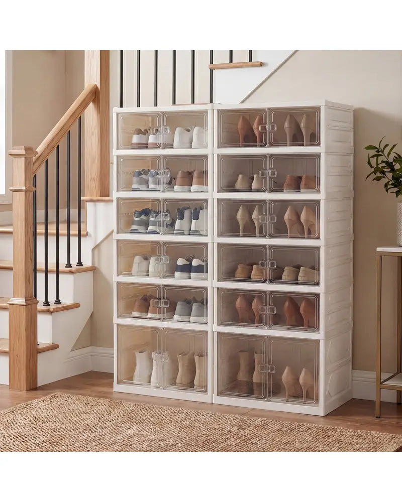 Foldable Shoe Rack Organizer 12-Pair 6-Tier Collapsible Shoe Cabinet-White - White - Shoe Racks & Storage Benches