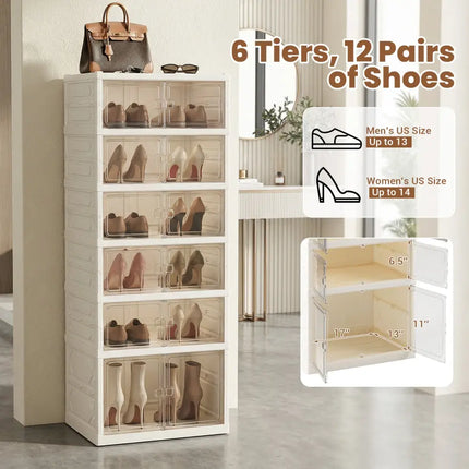 Foldable Shoe Rack Organizer 12-Pair 6-Tier Collapsible Shoe Cabinet-White - White - Shoe Racks & Storage Benches