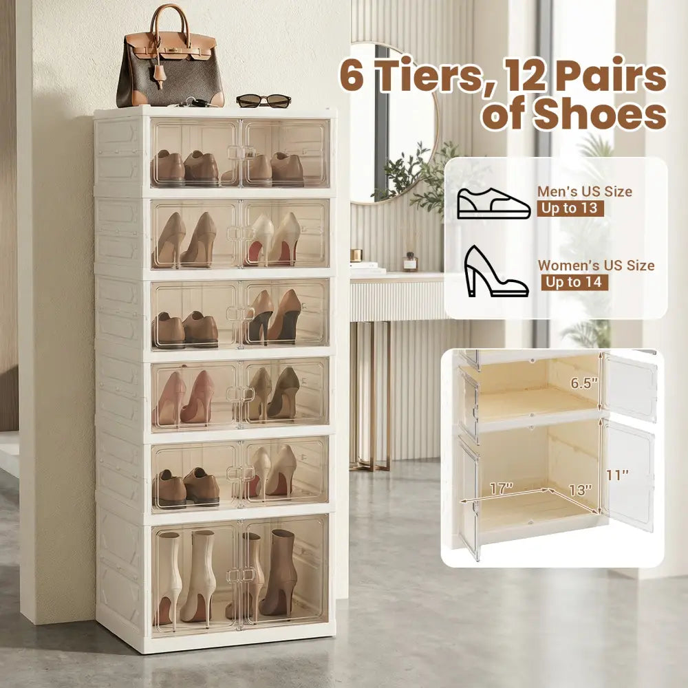 Foldable Shoe Rack Organizer 12-Pair 6-Tier Collapsible Shoe Cabinet-White - White - Shoe Racks & Storage Benches