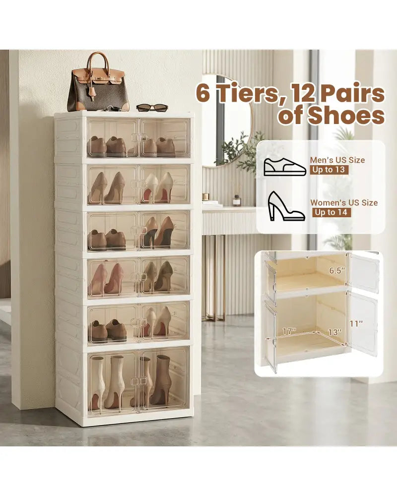 Foldable Shoe Rack Organizer 12-Pair 6-Tier Collapsible Shoe Cabinet-White - White - Shoe Racks & Storage Benches