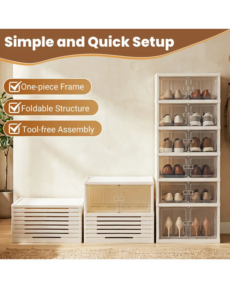 Foldable Shoe Rack Organizer 12-Pair 6-Tier Collapsible Shoe Cabinet-White - White - Shoe Racks & Storage Benches