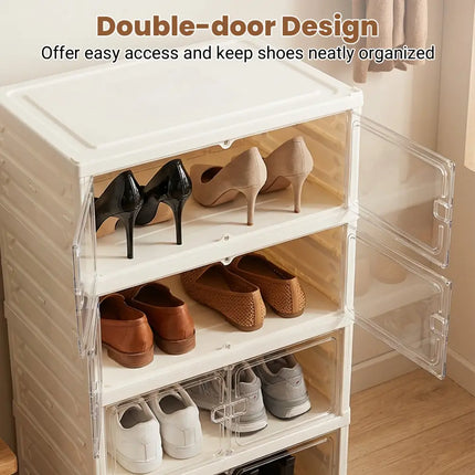 Foldable Shoe Rack Organizer 12-Pair 6-Tier Collapsible Shoe Cabinet-White - White - Shoe Racks & Storage Benches