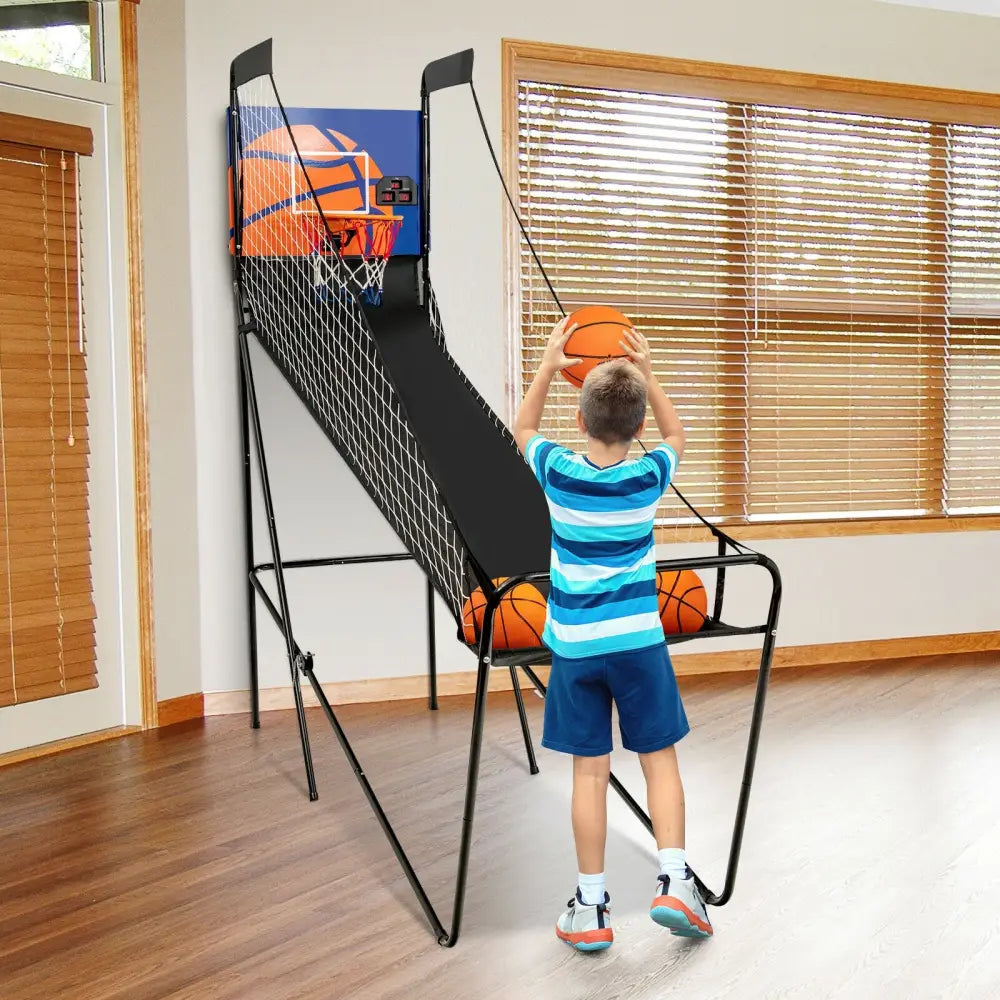 Foldable Single Shot Basketball Arcade Game with Electronic Scorer and Basketballs - Black - Game Room