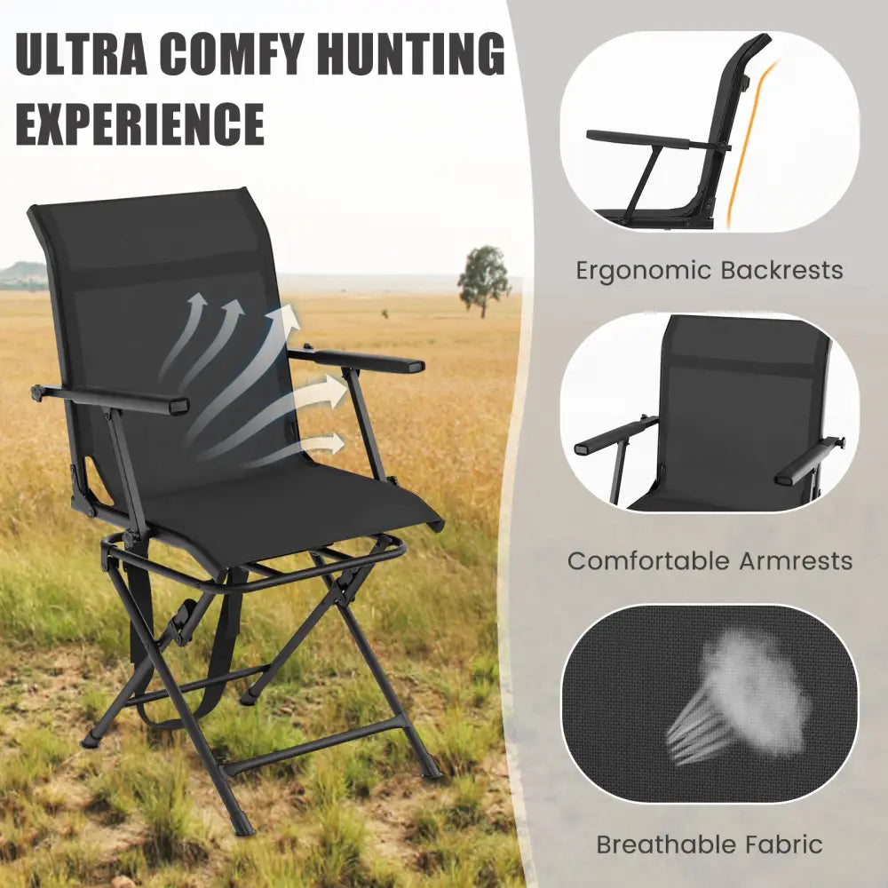 Foldable Swivel Patio Chair with Armrest and Mesh Back-Black - Black - Camping Furniture