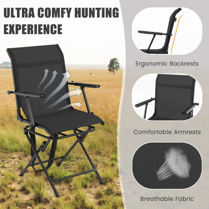 Foldable Swivel Patio Chair with Armrest and Mesh Back-Black - Black - Camping Furniture