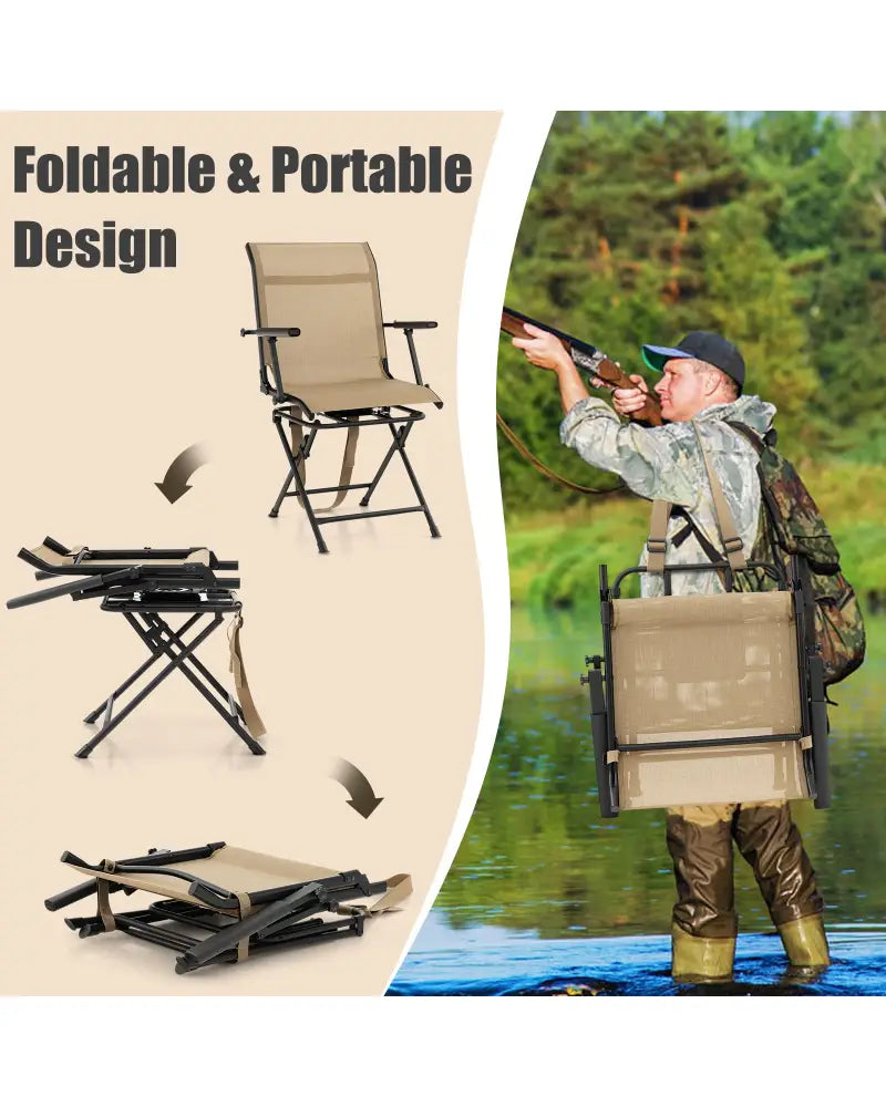 Foldable Swivel Patio Chair with Armrest and Mesh Back-Coffee - Coffee - Camping Furniture