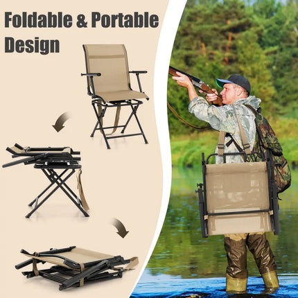 Foldable Swivel Patio Chair with Armrest and Mesh Back-Coffee - Coffee - Camping Furniture
