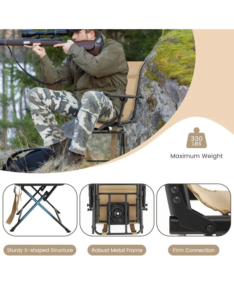 Foldable Swivel Patio Chair with Armrest and Mesh Back-Coffee - Coffee - Camping Furniture