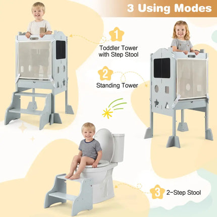 Foldable Toddler Step Stool with Chalkboards 2-Step Stool-Gray - Gray - Nursery Furniture