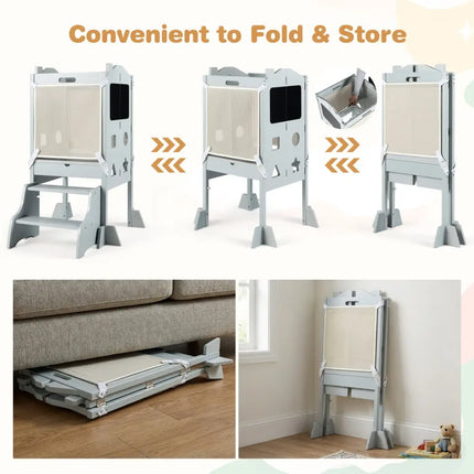 Foldable Toddler Step Stool with Chalkboards 2-Step Stool-Gray - Gray - Nursery Furniture