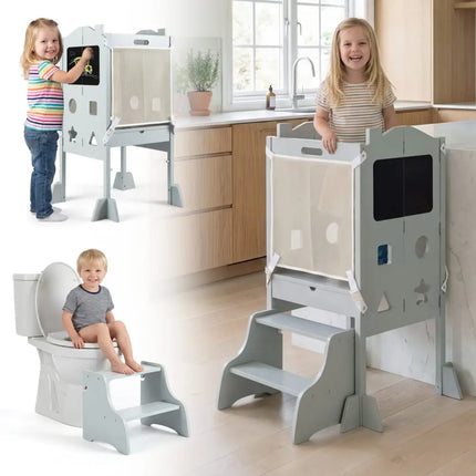 Foldable Toddler Step Stool with Chalkboards 2-Step Stool-Gray - Gray - Nursery Furniture
