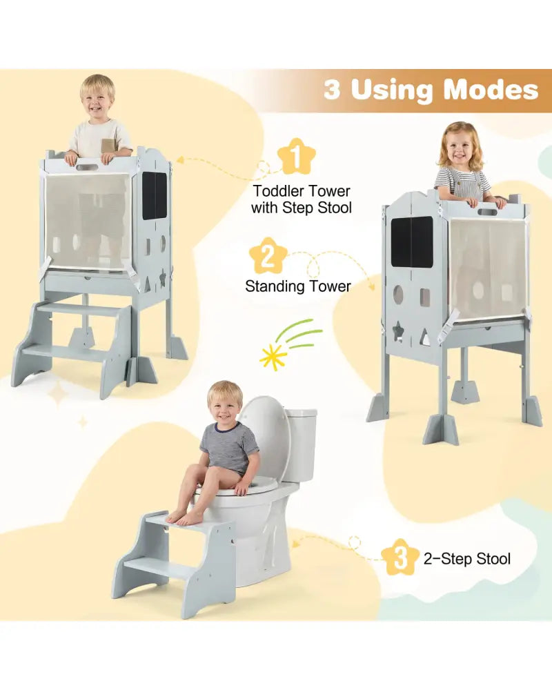 Foldable Toddler Step Stool with Chalkboards 2-Step Stool-Gray - Gray - Nursery Furniture