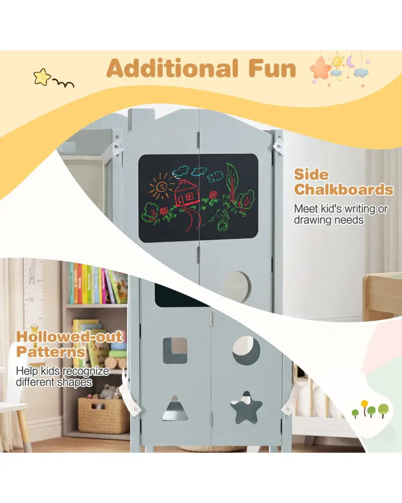 Foldable Toddler Step Stool with Chalkboards 2-Step Stool-Gray - Gray - Nursery Furniture