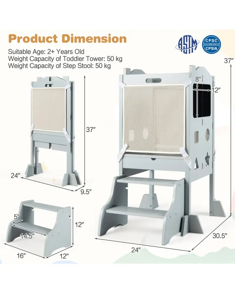 Foldable Toddler Step Stool with Chalkboards 2-Step Stool-Gray - Gray - Nursery Furniture