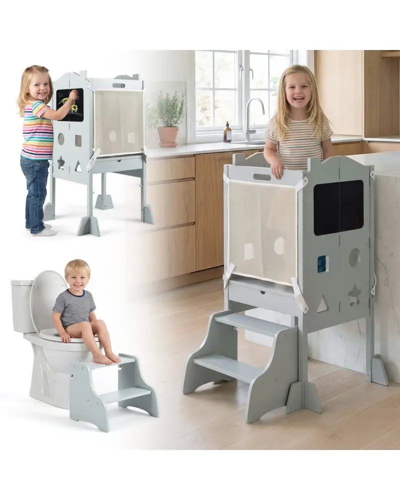 Foldable Toddler Step Stool with Chalkboards 2-Step Stool-Gray - Gray - Nursery Furniture