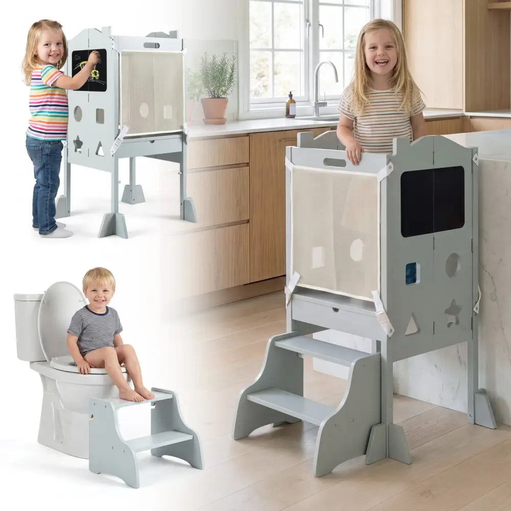 Foldable Toddler Step Stool with Chalkboards 2-Step Stool-Gray - Gray - Nursery Furniture
