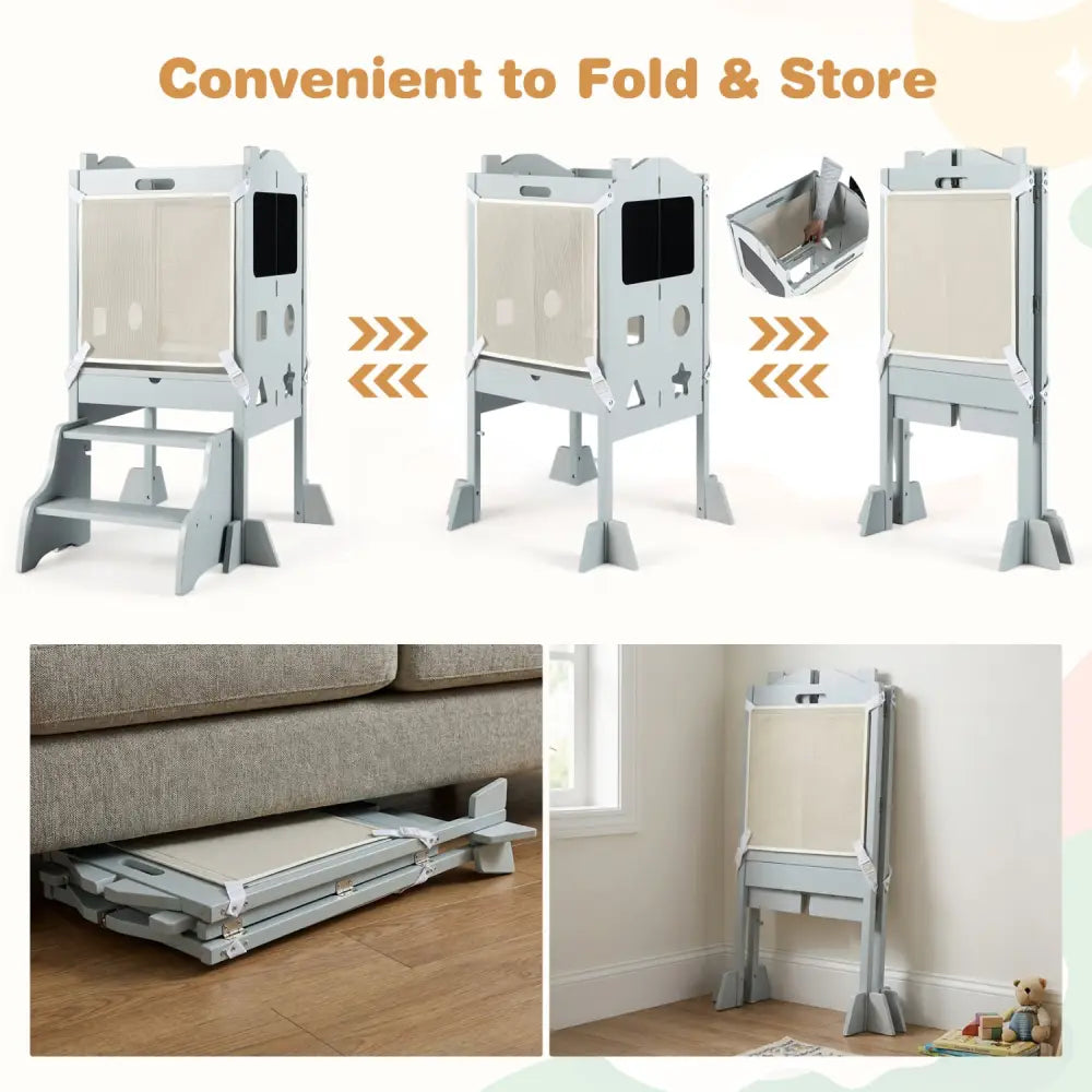Foldable Toddler Step Stool with Chalkboards 2-Step Stool-Gray - Gray - Nursery Furniture