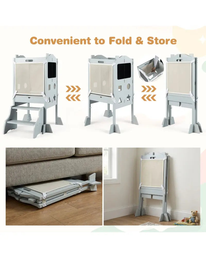 Foldable Toddler Step Stool with Chalkboards 2-Step Stool-Gray - Gray - Nursery Furniture