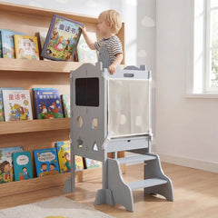 Foldable Toddler Step Stool with Chalkboards 2-Step Stool-Gray - Gray - Nursery Furniture