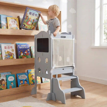 Foldable Toddler Step Stool with Chalkboards 2-Step Stool-Gray - Gray - Nursery Furniture