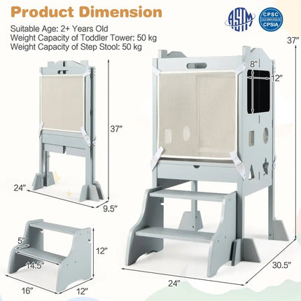 Foldable Toddler Step Stool with Chalkboards 2-Step Stool-Gray - Gray - Nursery Furniture