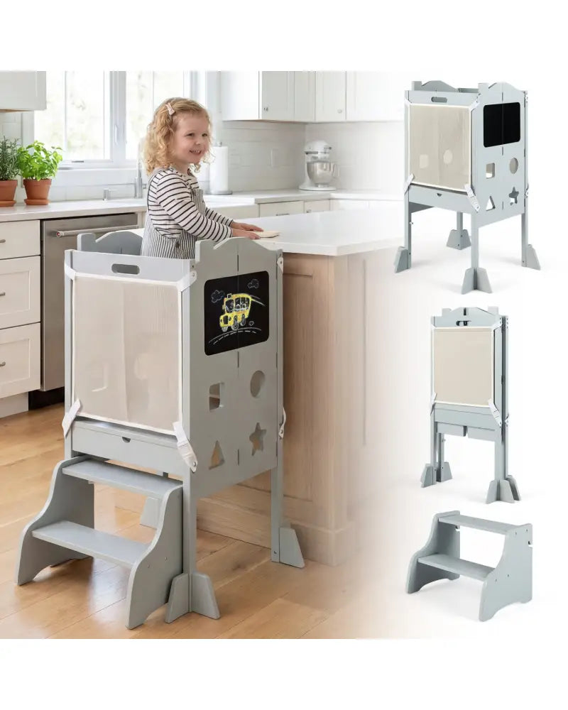 Foldable Toddler Step Stool with Chalkboards 2-Step Stool-Gray - Gray - Nursery Furniture
