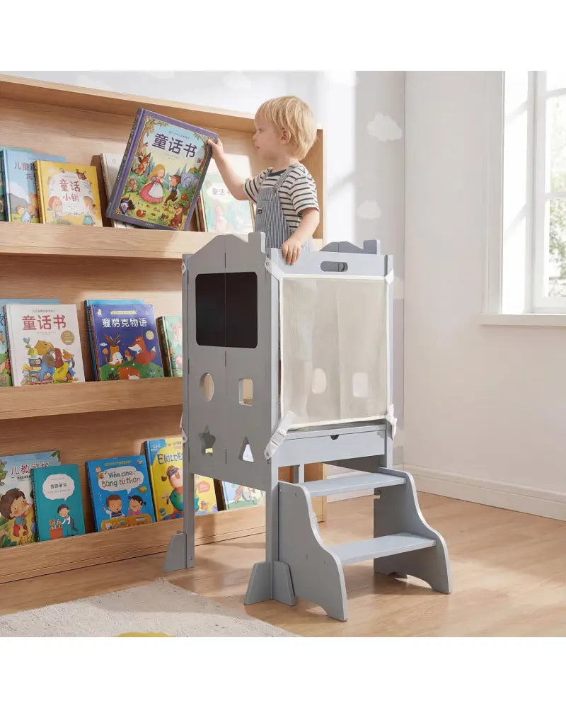 Foldable Toddler Step Stool with Chalkboards 2-Step Stool-Gray - Gray - Nursery Furniture
