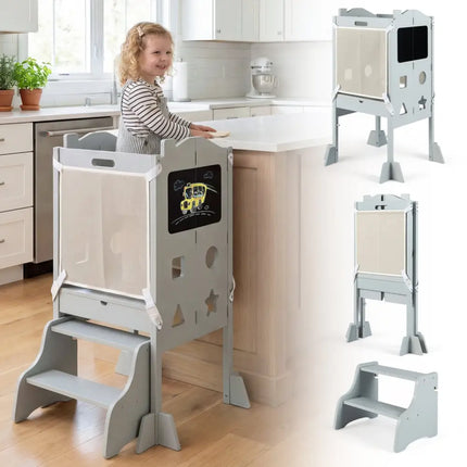Foldable Toddler Step Stool with Chalkboards 2-Step Stool-Gray - Gray - Nursery Furniture