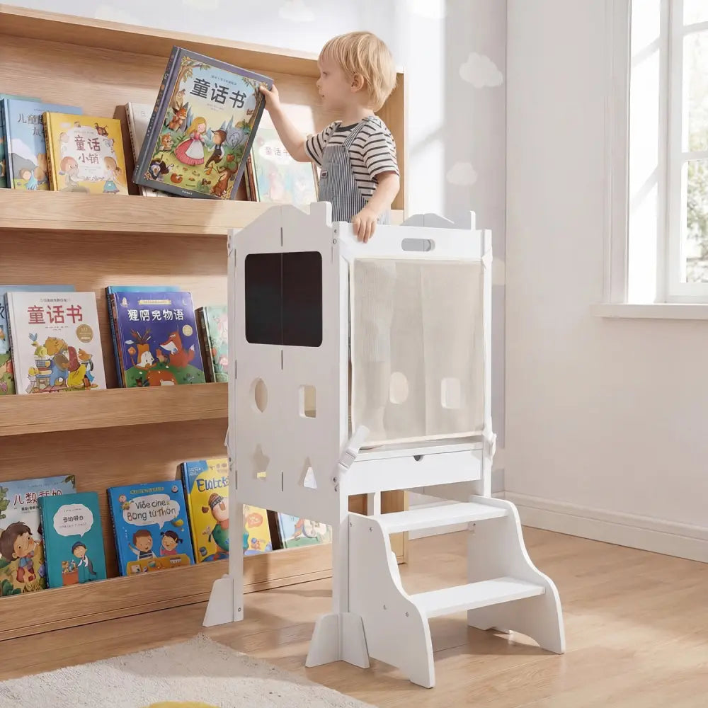 Foldable Toddler Step Stool with Chalkboards 2-Step Stool-White - White - Nursery Furniture