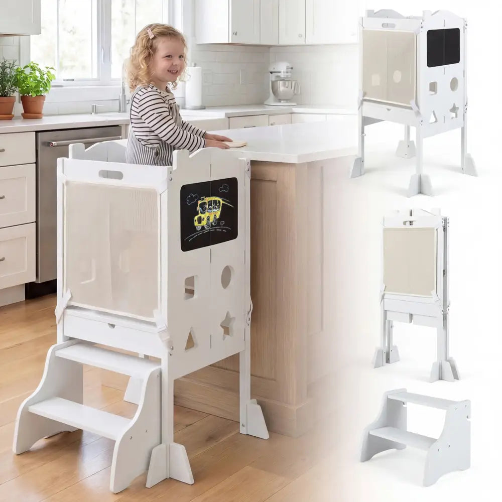 Foldable Toddler Step Stool with Chalkboards 2-Step Stool-White - White - Nursery Furniture